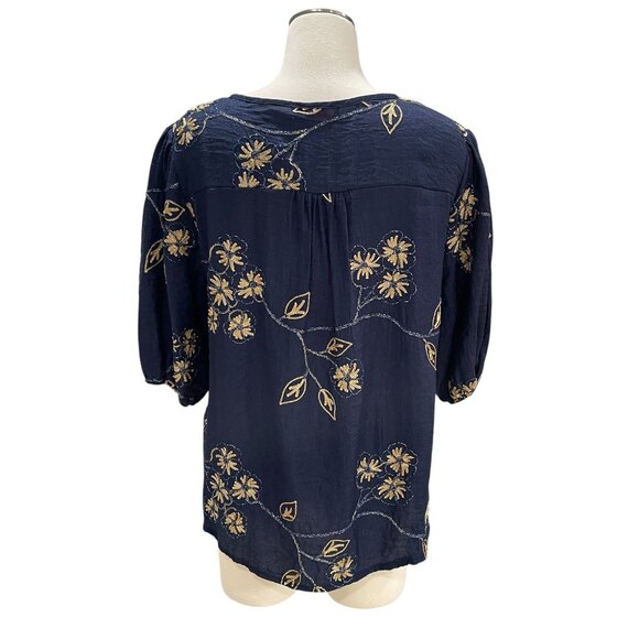 Ana & Rose Navy Blue Embroidered Floral Blouse XL Gold Stitching Boho Chic - Picture 9 of 10